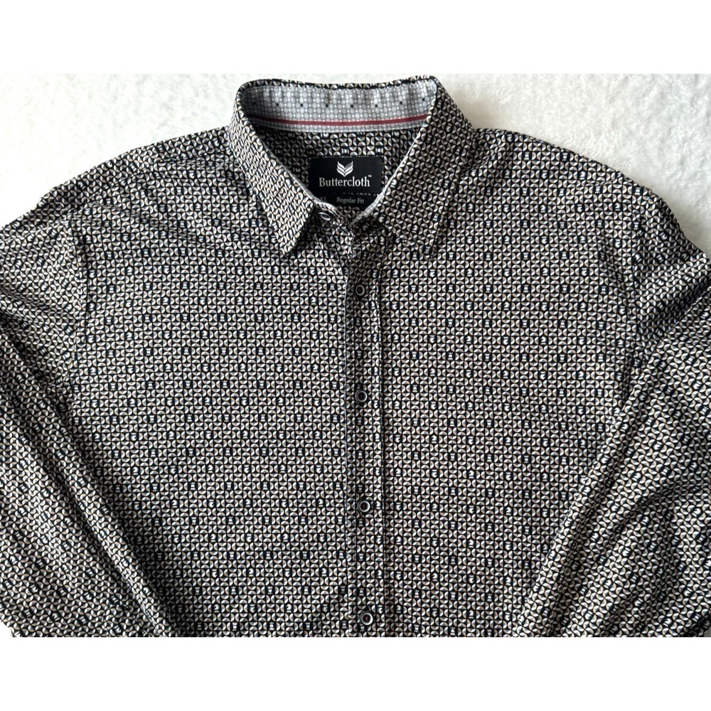 Buttercloth Men XL Button-Up Black Gold Shirt Geometric Chess Print Long Sleeve - Picture 2 of 12
